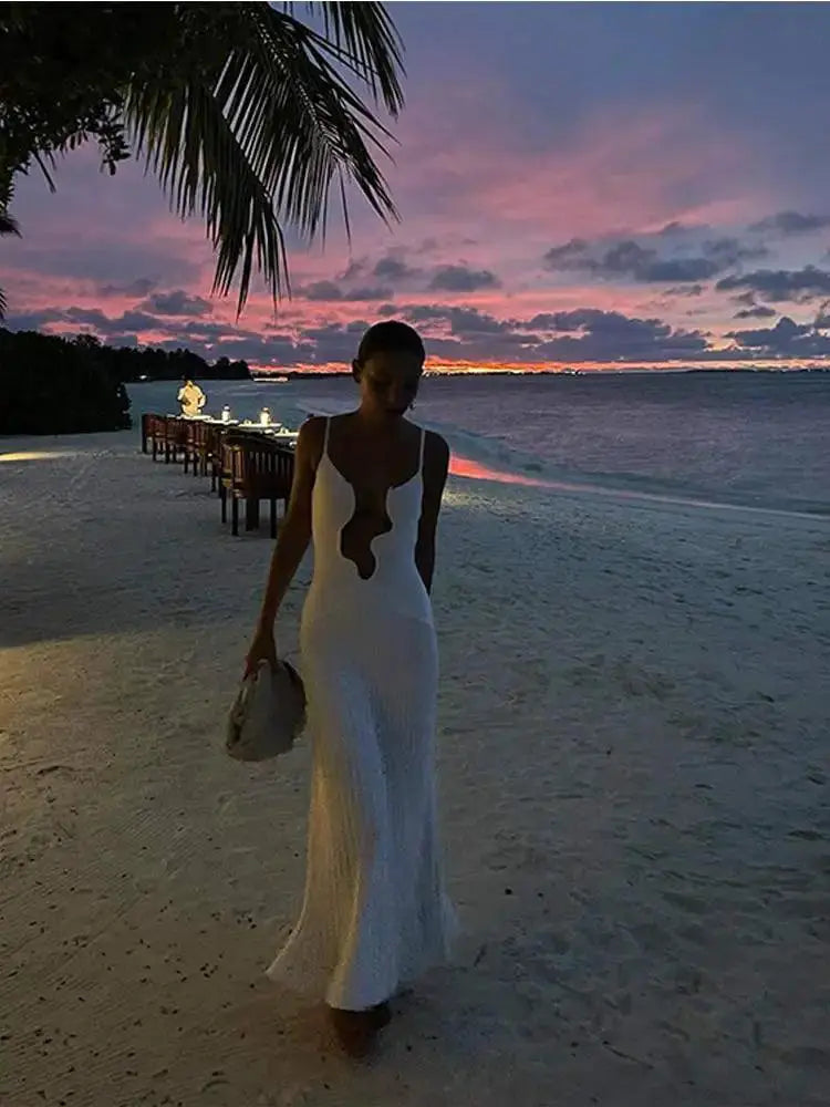 Sexy White Wave Dress Hollow Out Elegant Polyester Fashion
