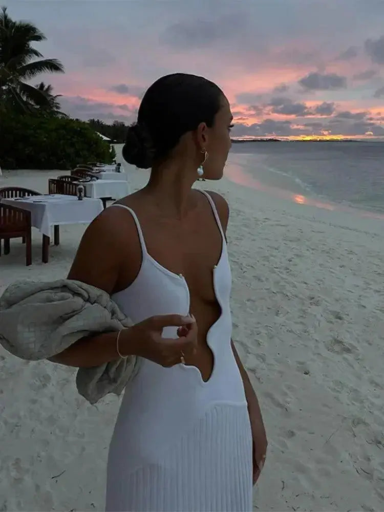Sexy White Wave Dress Hollow Out Elegant Polyester Fashion