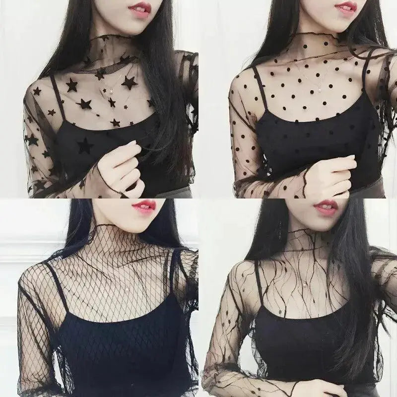 Sheer Black Lace Star Dots Mesh Tee Chic Fashion Piece