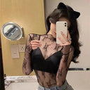 Sheer Black Lace Star Dots Mesh Tee: Chic Fashion Piece