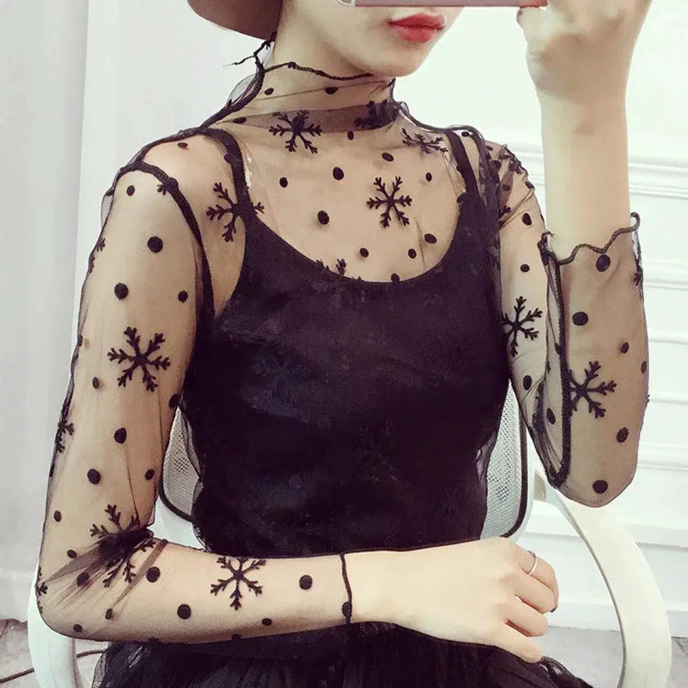 Sheer Black Lace Star Dots Mesh Tee Chic Fashion Piece