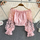 Sheer Mesh Embroidered Blouses Women's Elegant Fashion Top