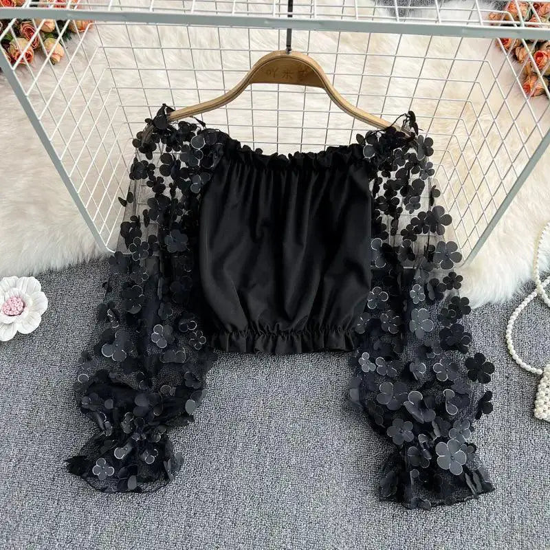 Sheer Mesh Embroidered Blouses For Women Elegant Tops