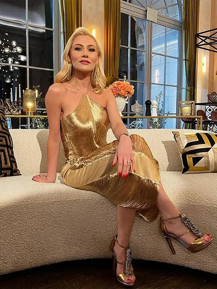 Shiny Metallic Halter Dress Glamorous Clubwear For Nightlife