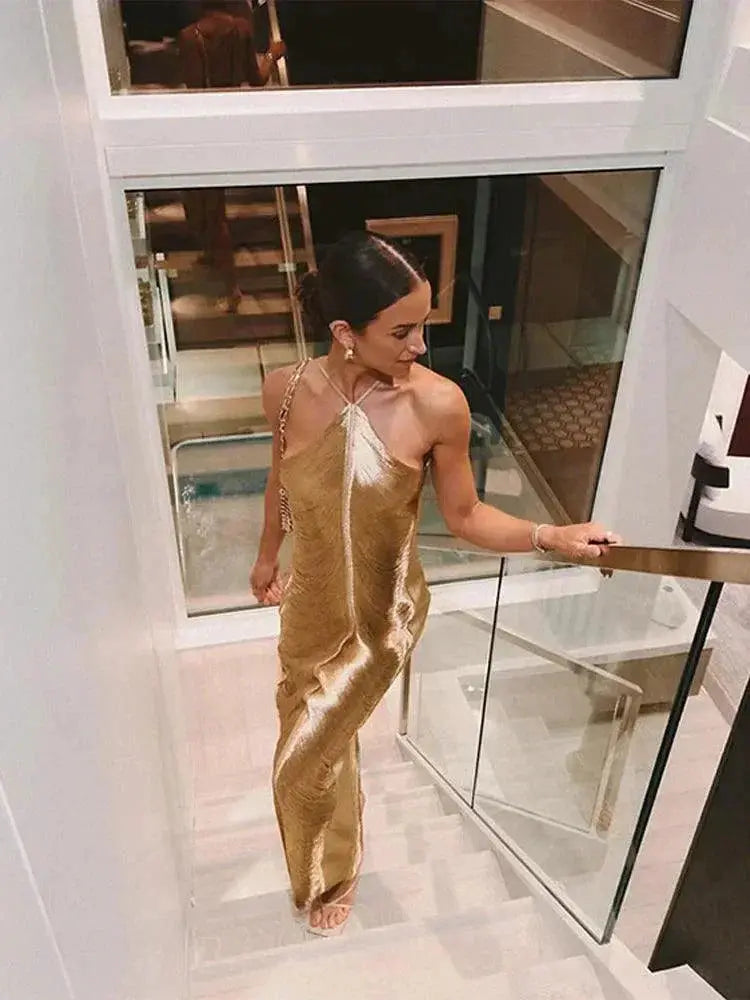 Shiny Metallic Halter Dress Glamorous Clubwear For Nightlife