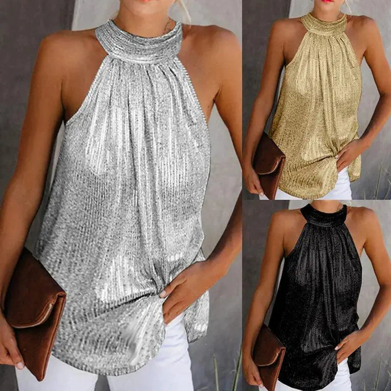 Shiny Halter Neck Tank Top Sexy Club Style Summer Blouse