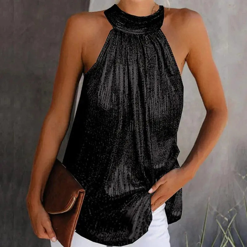 Shiny Halter Neck Tank Top Sexy Club Style Summer Blouse