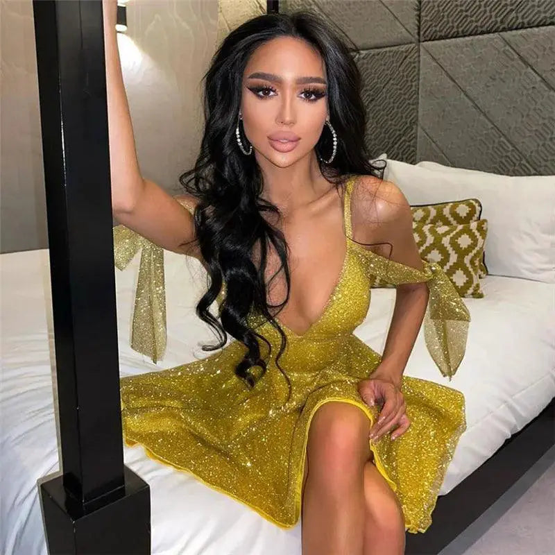 Shiny Sequined V Neck A Line Mini Dress For Women Nightlife