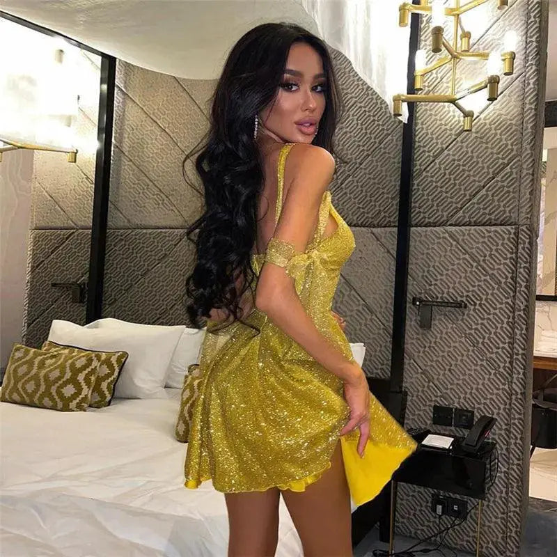 Shiny Sequined V Neck A Line Mini Dress For Women Nightlife