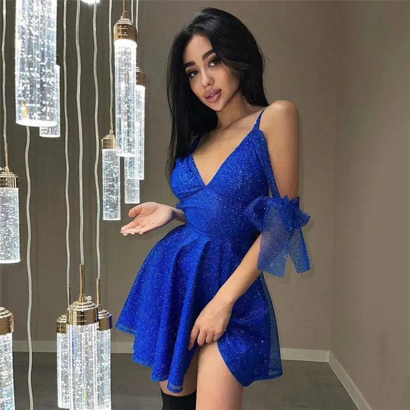 Shiny Sequined V Neck A Line Mini Dress For Women Nightlife