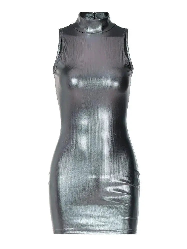 Shiny Silver Sleeveless Dress High Waist Elegant Eveningwear