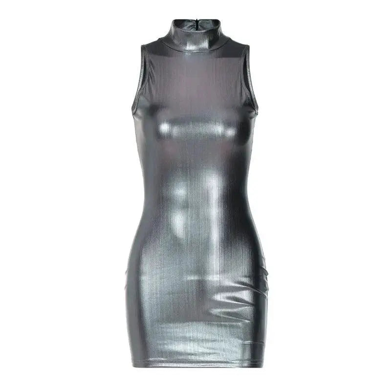 Shiny Silver Sleeveless Dress High Waist Elegant Eveningwear