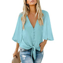Shiying Fall V-neck Long Sleeve Buckle Loose Shirt for Women