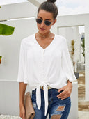 Shiying Fall V-neck Long Sleeve Buckle Loose Shirt for Women