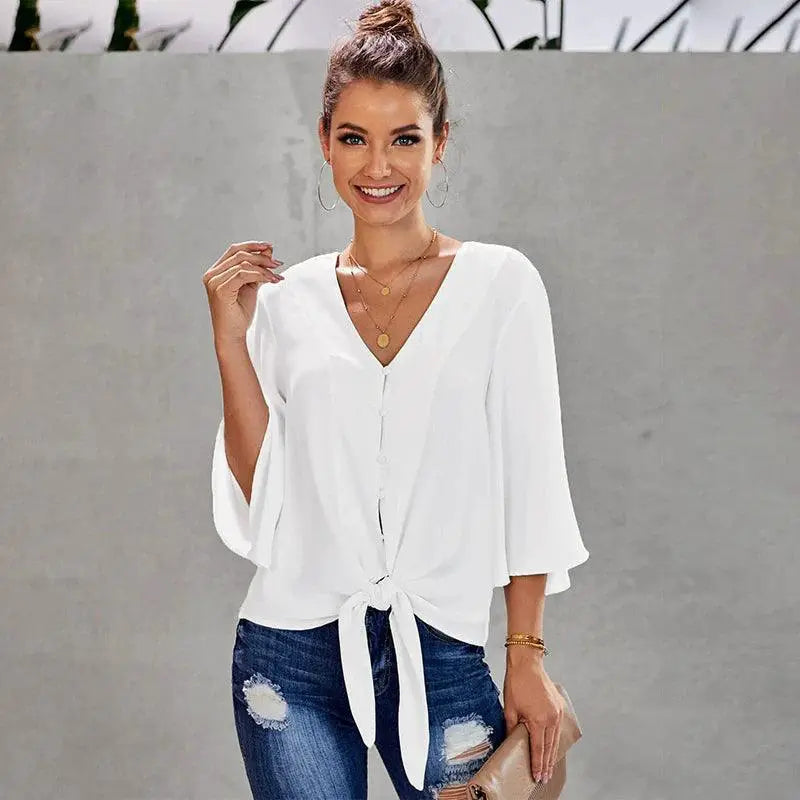 Shiying Fall V Neck Long Sleeve Buckle Loose Shirt Women