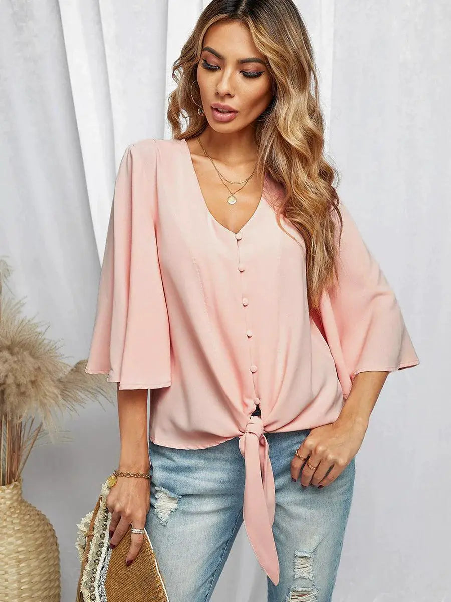 Shiying Fall V Neck Long Sleeve Buckle Loose Shirt Women