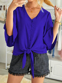 Shiying Fall V-neck Long Sleeve Buckle Loose Shirt for Women