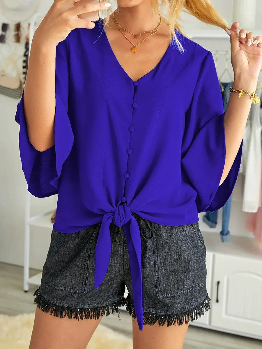 Shiying Fall V Neck Long Sleeve Buckle Loose Shirt Women