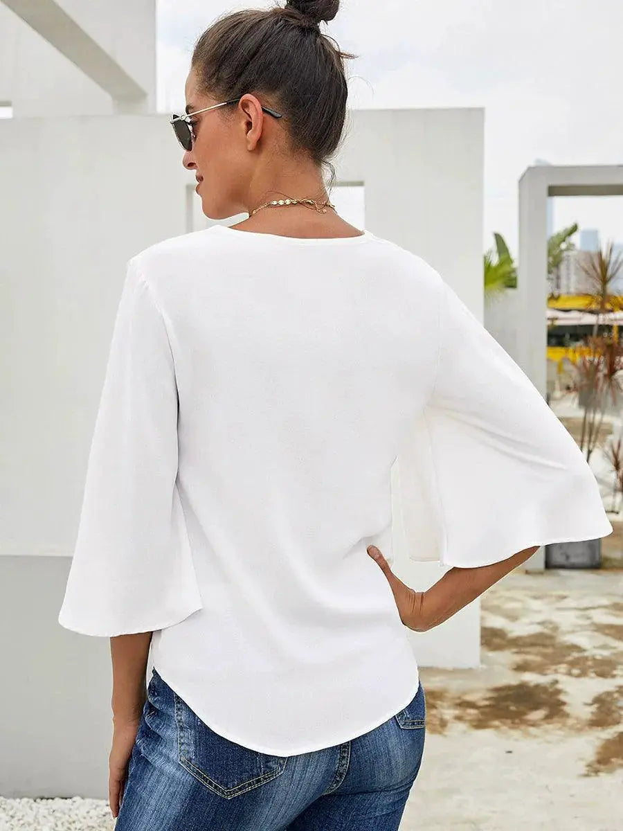 Shiying Fall V Neck Long Sleeve Buckle Loose Shirt Women
