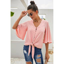 Shiying Fall V-neck Long Sleeve Buckle Loose Shirt for Women