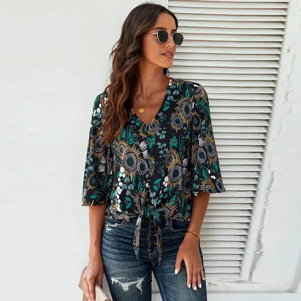 Shiying Fall V Neck Long Sleeve Buckle Loose Shirt Women