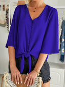 Shiying Fall V-neck Long Sleeve Buckle Loose Shirt for Women