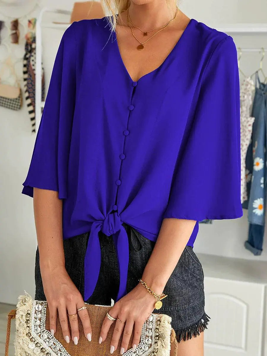 Shiying Fall V Neck Long Sleeve Buckle Loose Shirt Women