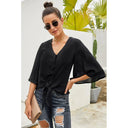 Shiying Fall V-neck Long Sleeve Buckle Loose Shirt for Women
