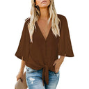 Shiying Fall V-neck Long Sleeve Buckle Loose Shirt for Women