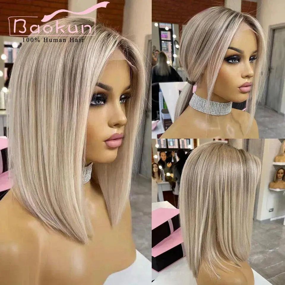 Short Ash Blonde Lace Front Wig 13x4 Human Hair Bob
