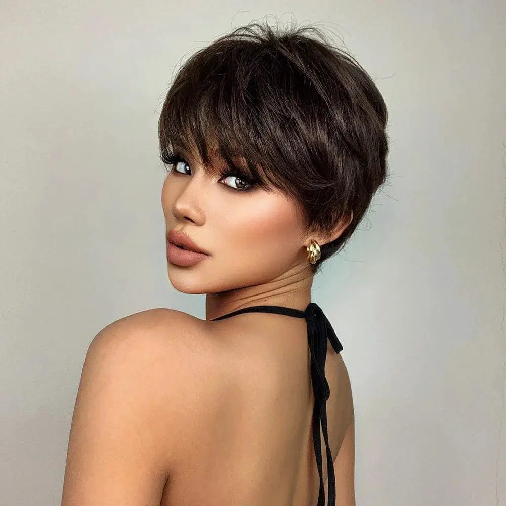 Short Dark Brown Pixie Wig Layered Hairpiece Style