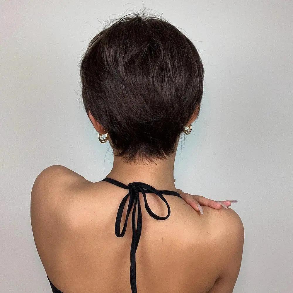 Short Dark Brown Pixie Wig Layered Hairpiece Style
