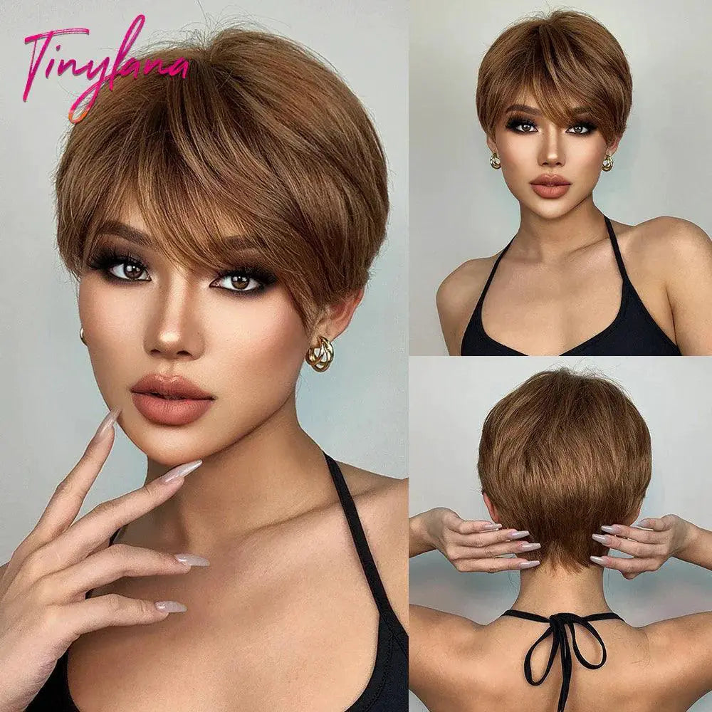 Short Dark Brown Pixie Wig Layered Hairpiece Style