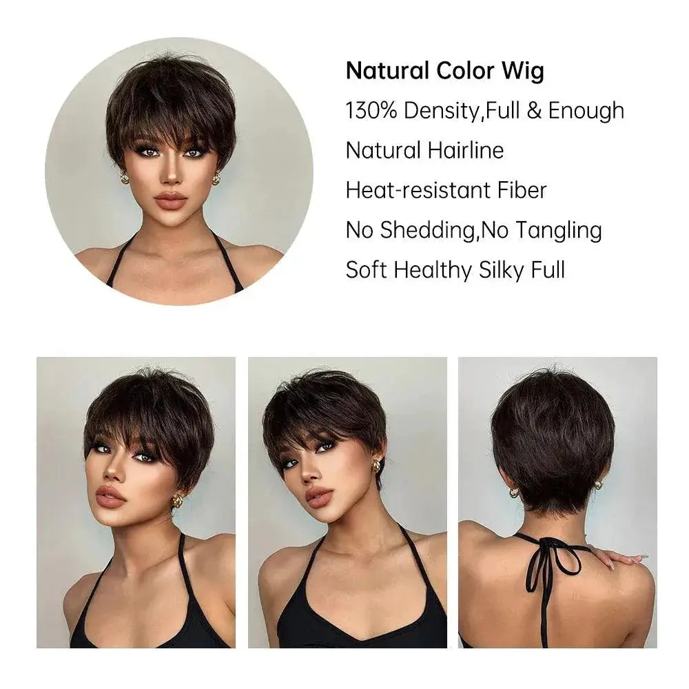 Short Dark Brown Pixie Wig Layered Hairpiece Style
