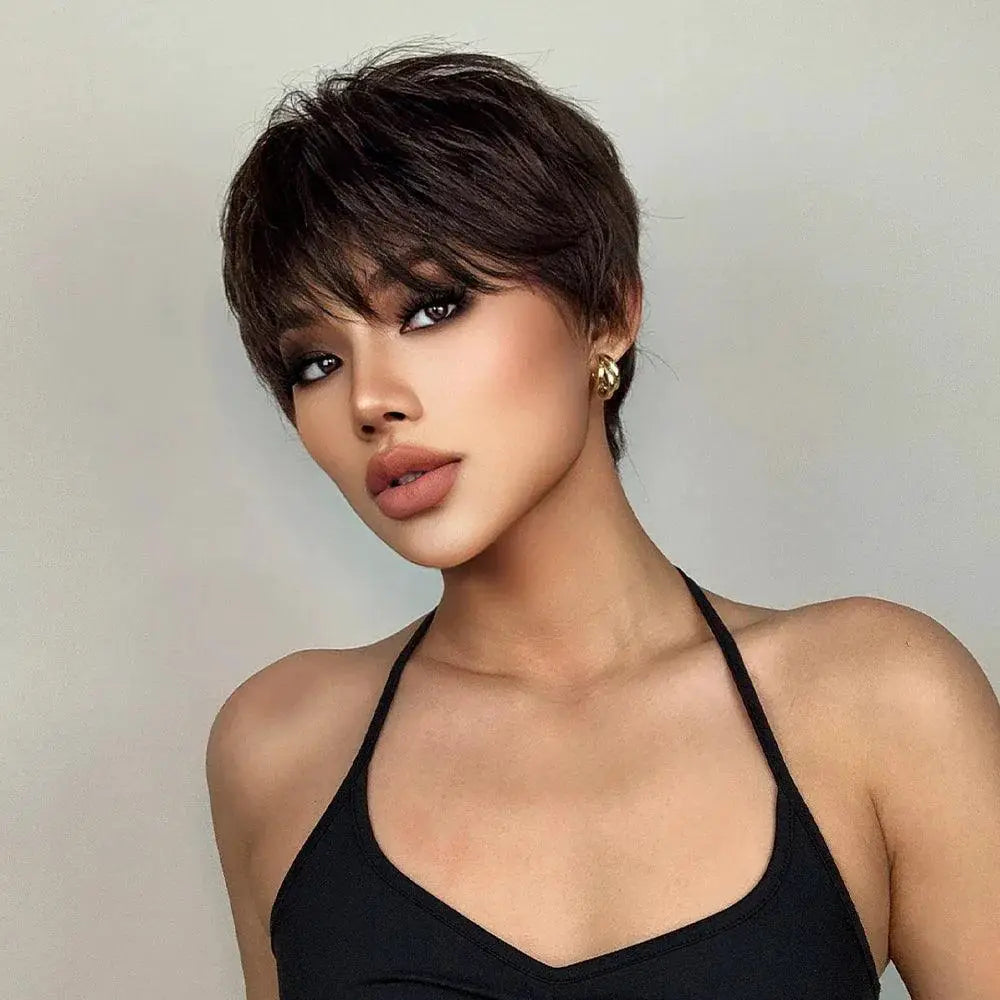 Short Dark Brown Pixie Wig Layered Hairpiece Style