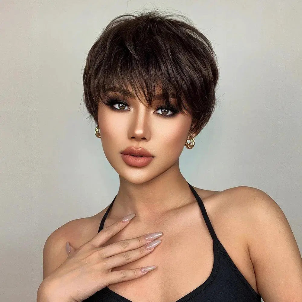 Short Dark Brown Pixie Wig Layered Hairpiece Style