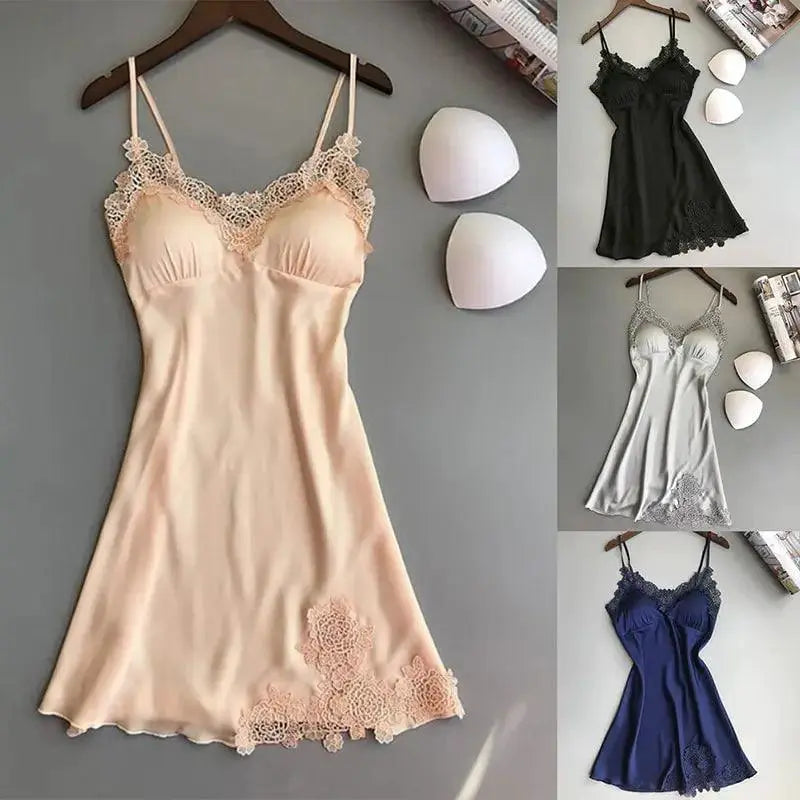 Silk Suspender Nightdress Elegant V Neck Lace Robe Set