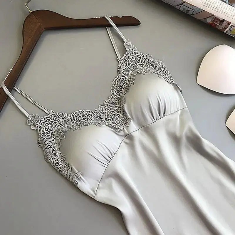 Silk Suspender Nightdress Elegant V Neck Lace Robe Set