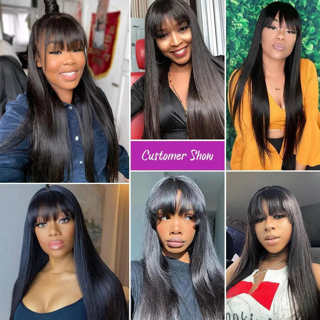 Silky Straight Peruvian Remy Human Hair Wigs With Bangs