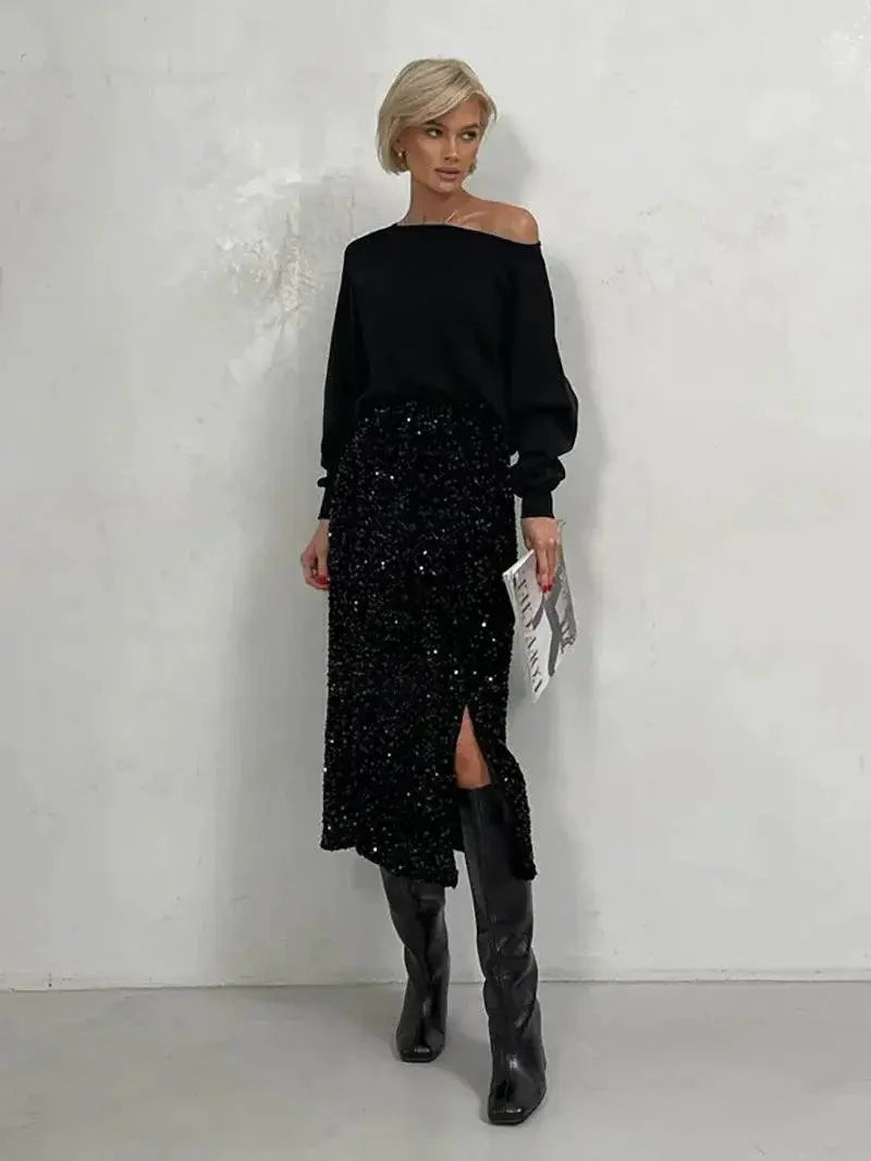 Silver Sequin Black Midi Skirt Elegant Vintage Punk Style