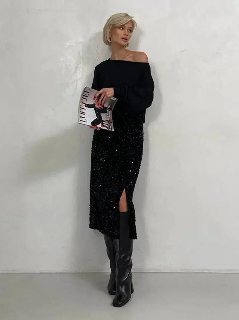 Silver Sequin Black Midi Skirt Elegant Vintage Punk Style