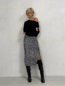 Silver Sequin Black Skirt Elegant Vintage Punk Midi Skirt