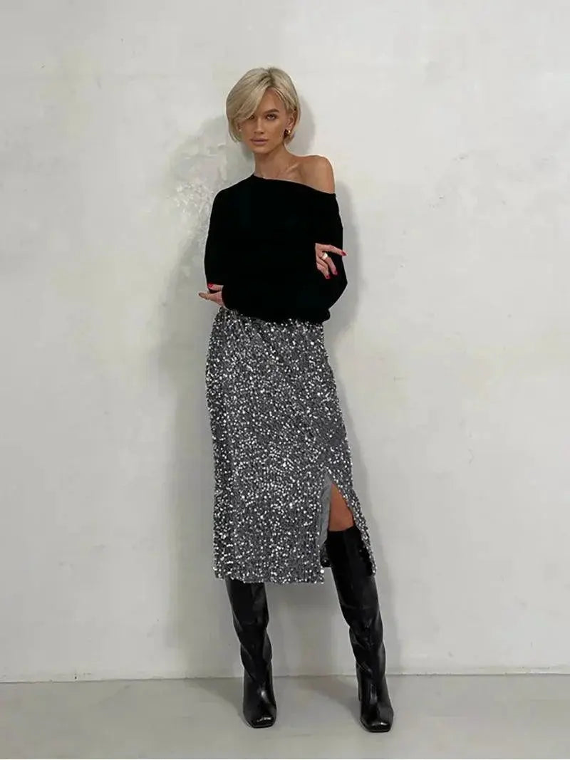 Silver Sequin Black Midi Skirt Elegant Vintage Punk Style