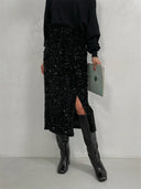 Silver Sequin Black Skirt Elegant Vintage Punk Midi Skirt