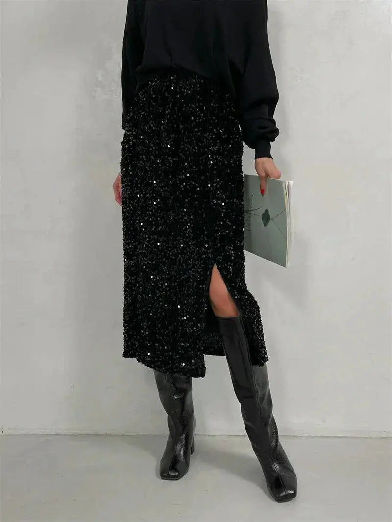 Silver Sequin Black Midi Skirt Elegant Vintage Punk Style