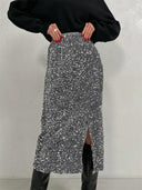 Silver Sequin Black Skirt Elegant Vintage Punk Midi Skirt