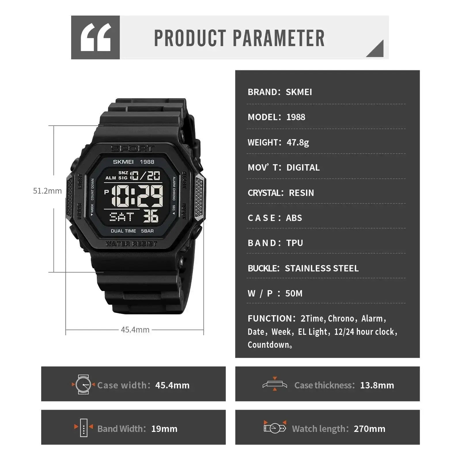 SKMEI Military Digital Sport Wristwatch Countdown Chrono