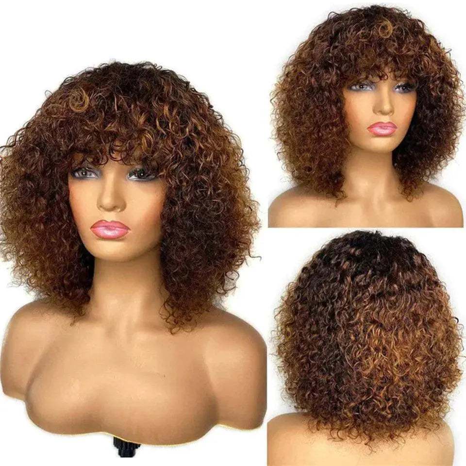 Sleek Afro Kinky Curly Ombre Human Hair Wig With Bangs