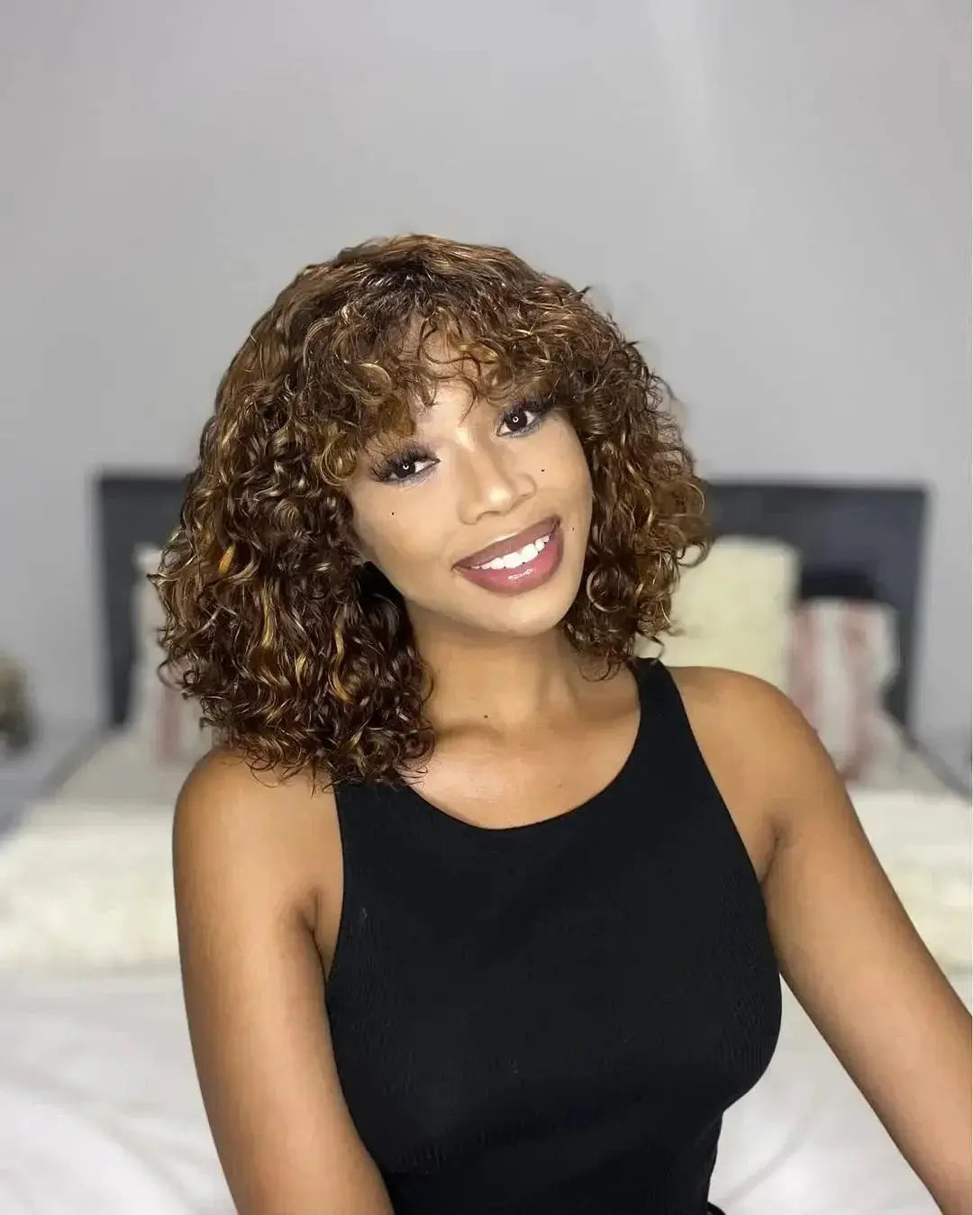 Sleek Afro Kinky Curly Ombre Human Hair Wig With Bangs