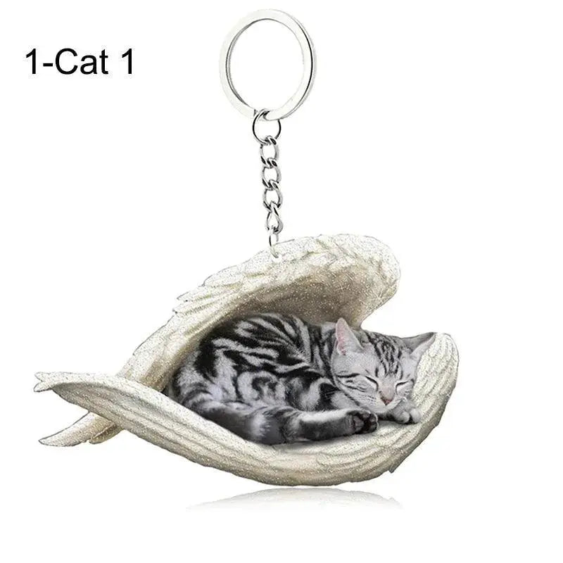 Sleeping Angel Dog Cat Keychain Pet Jewelry Gift for Lovers